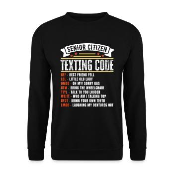 Lustiges Senioren-SMS-Code-Geschenk für - Unisex Pullover - Schwarz - Vorne - Alina (178cm) & Michal (187cm)