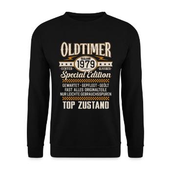Oldtimer Baujahr Jahrgang 1979 Geburtstag Geschenk - Unisex Pullover - Schwarz - Vorne - Alina (178cm) & Michal (187cm)
