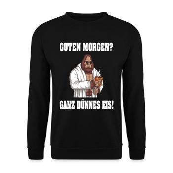 Guten Morgen - Ganz dünnes Eis Spruch Kaffee - Unisex Pullover - Schwarz - Vorne - Alina (178cm) & Michal (187cm)