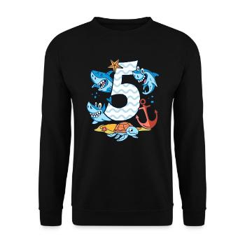 5. Geburtstag Haie Hai Haifisch Junge 5 Jahre alt - Unisex Pullover - Schwarz - Vorne - Alina (178cm) & Michal (187cm)