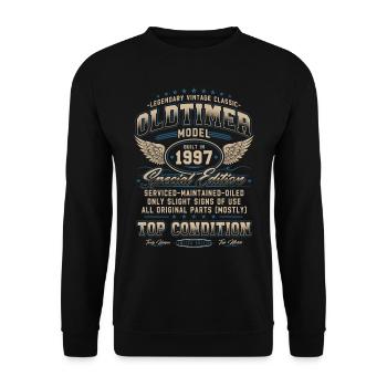 Oldtimer Baujahr 1997 Jahrgang Geburtstag Geschenk - Unisex Pullover - Schwarz - Vorne - Alina (178cm) & Michal (187cm)