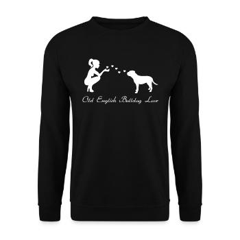 Old English Bulldog mit Frau - Unisex Pullover - Schwarz - Vorne - Alina (178cm) & Michal (187cm)