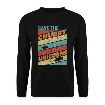Speichern Sie das mollige Einhörner-Design. Retro-Stil - Unisex Pullover - Schwarz - Vorne - Alina (178cm) & Michal (187cm)