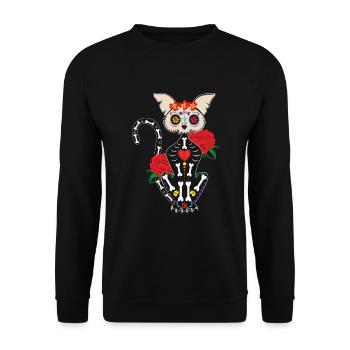Muertos Day Of Dead Sugar Skull Halloween Cat - Unisex Pullover - Schwarz - Vorne - Alina (178cm) & Michal (187cm)