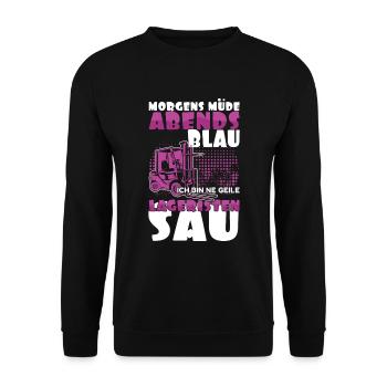 Morgens Müde Abends Blau Ich Bin Eine Geile - Unisex Pullover - Schwarz - Vorne - Alina (178cm) & Michal (187cm)