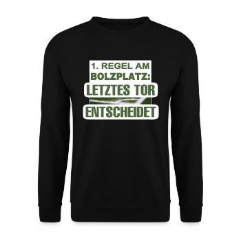 1. Regel am Bolzplatz: Letztes Tor entscheidet! - Unisex Pullover - Schwarz - Vorne - Alina (178cm) & Michal (187cm)