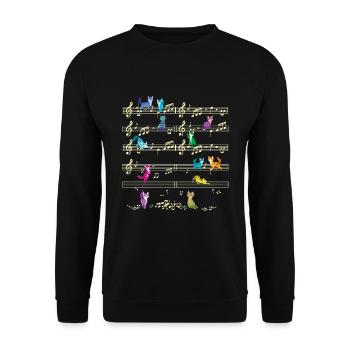 Buntes Kätzchen, das auf Musiknoten spielt Musiker - Unisex Pullover - Schwarz - Vorne - Alina (178cm) & Michal (187cm)