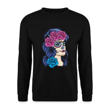 La Catrina Mexiko Blumenmuertos Tag der Toten - Unisex Pullover - Schwarz - Vorne - Alina (178cm) & Michal (187cm)