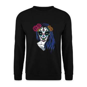 Lady La Catrina Mexiko Blumenmuertos Tag der Toten - Unisex Pullover - Schwarz - Vorne - Alina (178cm) & Michal (187cm)