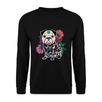 Blumenmops-Muertos Tag der Toten Halloween - Unisex Pullover - Schwarz - Vorne - Alina (178cm) & Michal (187cm)