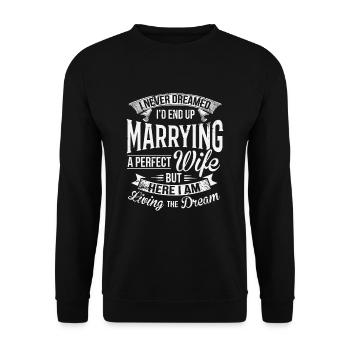 Ehemann Wifey dummer Ehemann Hochzeitstag - Unisex Pullover - Schwarz - Vorne - Alina (178cm) & Michal (187cm)