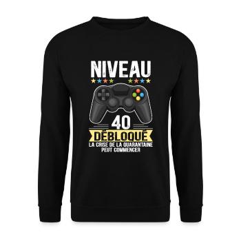 Cadeau Anniversaire 40 ans Humour Niveau Gamer - Sweat-shirt Unisexe - noir - Devant - Alina (178cm) & Michal (187cm)