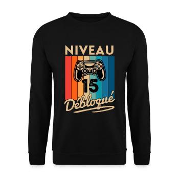 Cadeau Garçon 15 ans Anniversaire Gamer Niveau 15 - Sweat-shirt Unisexe - noir - Devant - Alina (178cm) & Michal (187cm)