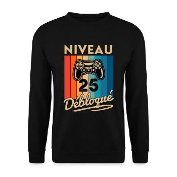 Cadeau Homme 25 ans Anniversaire Gamer Niveau 25 - Sweat-shirt Unisexe - noir - Devant - Alina (178cm) & Michal (187cm)