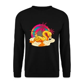 80er Synthwave Tropen Sommer Tier Rosa Flamingo - Unisex Pullover - Schwarz - Vorne - Alina (178cm) & Michal (187cm)