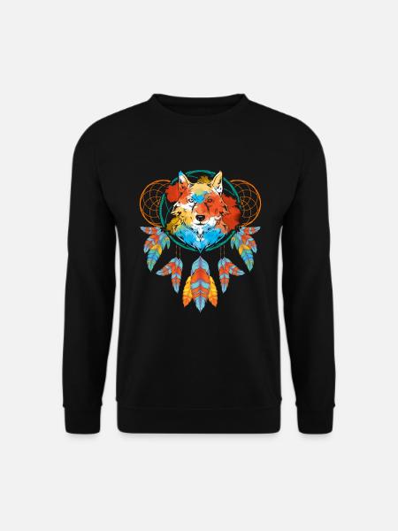 Tiermotiv Geschenk Wolf Indianer Boho Traumfänger - Unisex Pullover - Schwarz