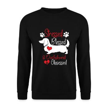 Gesegneter Dackel Besessen Lustiger Hundehalter - Unisex Pullover - Schwarz - Vorne - Alina (178cm) & Michal (187cm)