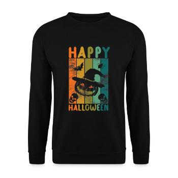 Happy Halloween mit Creepy Pumpkin und Fledermäuse - Unisex Pullover - Schwarz - Vorne - Alina (178cm) & Michal (187cm)