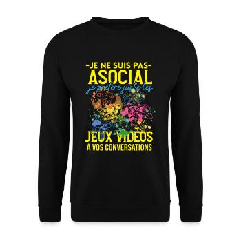 Pas Asocial Jeux Vidéos Humour Cadeau Ado Gamer - Sweat-shirt Unisexe - noir - Devant - Alina (178cm) & Michal (187cm)