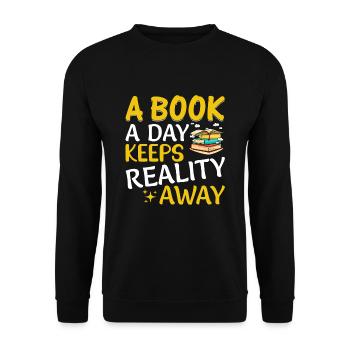 Ein Buch am Tag hält die Realität fern - Buchlesen - Unisex Pullover - Schwarz - Vorne - Alina (178cm) & Michal (187cm)