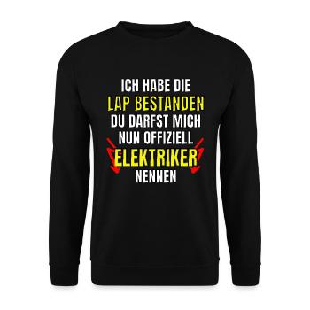 Elektriker Lehrabschlussprüfung LAP bestanden - Unisex Pullover - Schwarz - Vorne - Alina (178cm) & Michal (187cm)