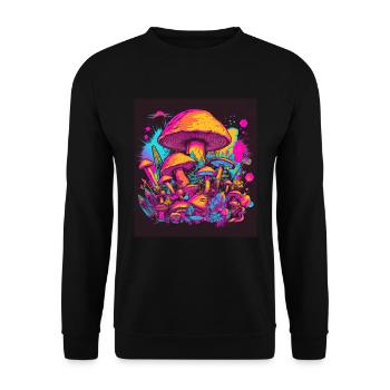 Synthwave Magic Mushrooms - Trippy Retro Art - Unisex Pullover - Schwarz - Vorne - Alina (178cm) & Michal (187cm)