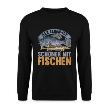 Das Leben ist schöner mit Fischen Lustiges Fisch - Unisex Pullover - Schwarz - Vorne - Alina (178cm) & Michal (187cm)
