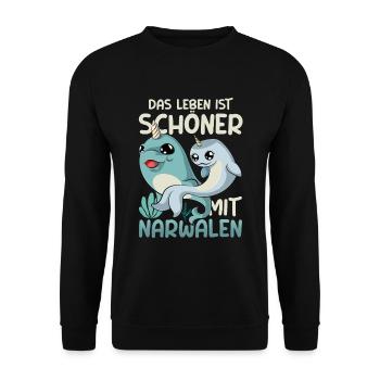 Ozean Tier Meerestier Lustiges Geschenk Narwal - Unisex Pullover - Schwarz - Vorne - Alina (178cm) & Michal (187cm)