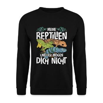 Meine Reptilien und ich mögen dich nicht Reptil - Unisex Pullover - Schwarz - Vorne - Alina (178cm) & Michal (187cm)