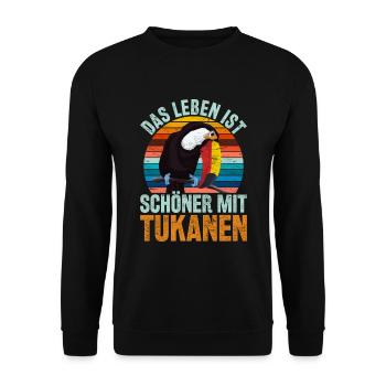 Das Leben ist schöner mit Tukanen Retro Tukan - Unisex Pullover - Schwarz - Vorne - Alina (178cm) & Michal (187cm)