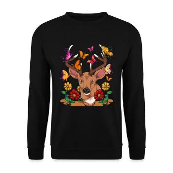 Waldbewohner Tier Geschenk Schmetterling Hirsch - Unisex Pullover - Schwarz - Vorne - Alina (178cm) & Michal (187cm)