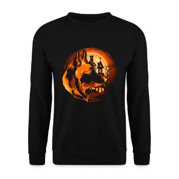Vollmond Hunde Geschenk Halloween Schäferhund - Unisex Pullover - Schwarz - Vorne - Alina (178cm) & Michal (187cm)