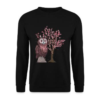 Tier Kirschblüten Baum Vogel Geschenk Sakura Eule - Unisex Pullover - Schwarz - Vorne - Alina (178cm) & Michal (187cm)
