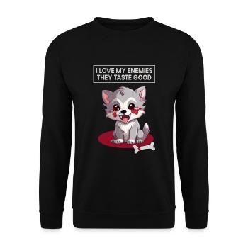 Ich liebe meine Feinde, Humor, Sarkasmus, Wolf - Unisex Pullover - Schwarz - Vorne - Alina (178cm) & Michal (187cm)