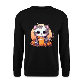 Chaton Bubble Tea Citrouille Cadeau Kawaii - Sweat-shirt Unisexe - noir - Devant - Alina (178cm) & Michal (187cm)