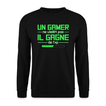 Un gamer ne vieillit pas il gagne de l'xp geek - Sweat-shirt Unisexe - noir - Devant - Alina (178cm) & Michal (187cm)