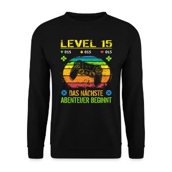 Geburtstag Gamer Level 15 Geburtstagsshirt Jungen - Unisex Pullover - Schwarz - Vorne - Alina (178cm) & Michal (187cm)