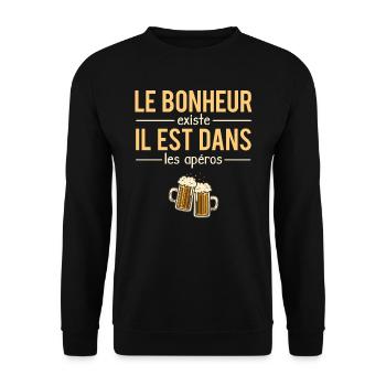 Le bonheur existe il est dans les apéros humour - Sweat-shirt Unisexe - noir - Devant - Alina (178cm) & Michal (187cm)
