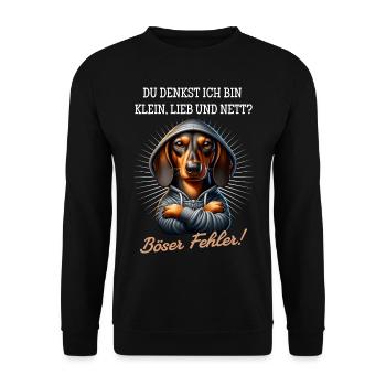 Klein, lieb und nett? Böser Fehler! - Dackel - Unisex Pullover - Schwarz - Vorne - Alina (178cm) & Michal (187cm)