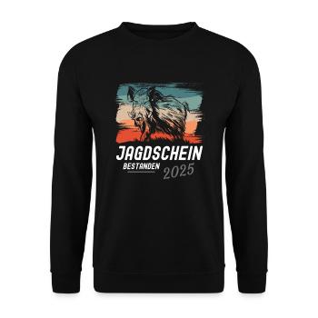 Jagdschein Bestanden 2025 - Unisex Pullover - Schwarz - Vorne - Alina (178cm) & Michal (187cm)