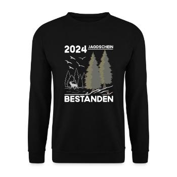 Jagdschein Bestanden 2024 - Unisex Pullover - Schwarz - Vorne - Alina (178cm) & Michal (187cm)