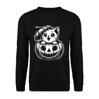 Verrückte Katze im Halloween-Kürbis - Unisex Pullover - Schwarz - Vorne - Alina (178cm) & Michal (187cm)
