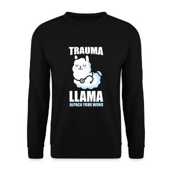 Alpaka Trauma Llama lustiges Geschenk - Unisex Pullover - Schwarz - Vorne - Alina (178cm) & Michal (187cm)
