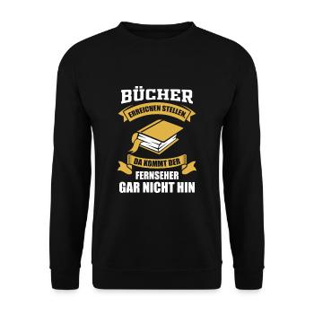 Bücher Spruch - Unisex Pullover - Schwarz - Vorne - Alina (178cm) & Michal (187cm)