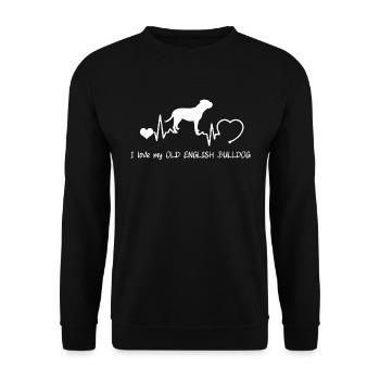 Old English Bulldog mit Herzschlag - Unisex Pullover - Schwarz - Vorne - Alina (178cm) & Michal (187cm)