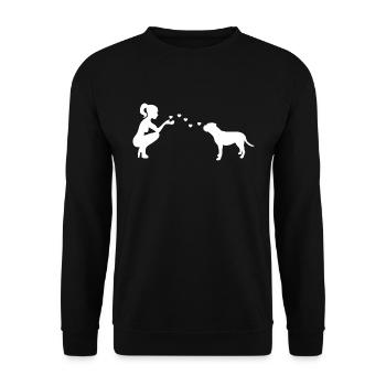 Old English Bulldog mit Frau - Unisex Pullover - Schwarz - Vorne - Alina (178cm) & Michal (187cm)
