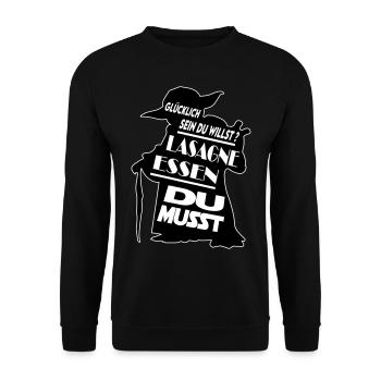 Sprüche Essen Fast Food Lasagne - Unisex Pullover - Schwarz - Vorne - Alina (178cm) & Michal (187cm)
