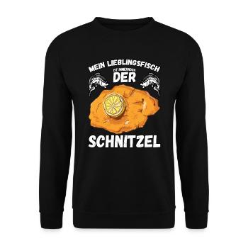 Angeln und Schnitzel Spruch - Unisex Pullover - Schwarz - Vorne - Alina (178cm) & Michal (187cm)