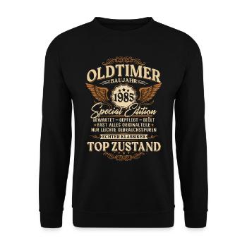 Oldtimer Baujahr 1985 Jahrgang Geburtstag Geschenk - Unisex Pullover - Schwarz - Vorne - Alina (178cm) & Michal (187cm)