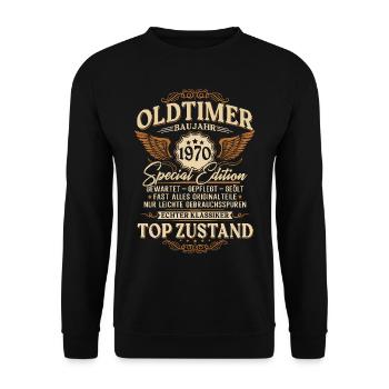 Oldtimer Baujahr 1970 Jahrgang Geburtstag Geschenk - Unisex Pullover - Schwarz - Vorne - Alina (178cm) & Michal (187cm)